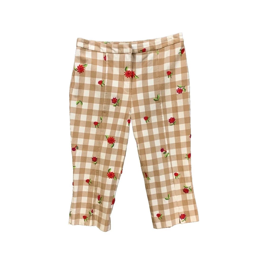 Maeve Pants Womens 6 Floral Gingham Embroidered Stretch Zip Fly Pockets Capri